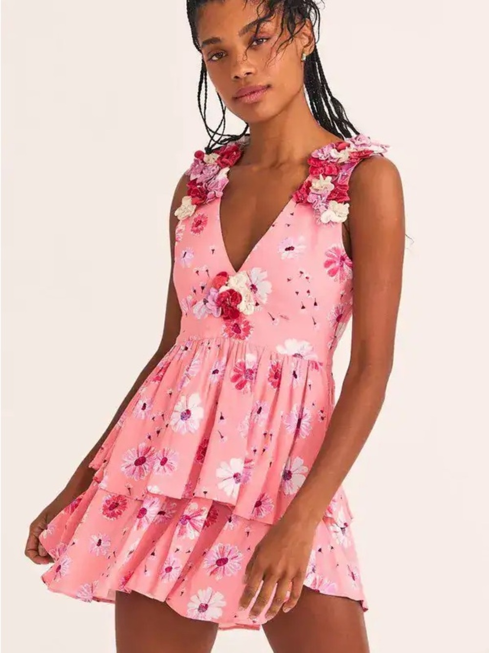 LoveShackFancy Shayna Coral Pink Floral V-Neck Tiered Mini Dress
